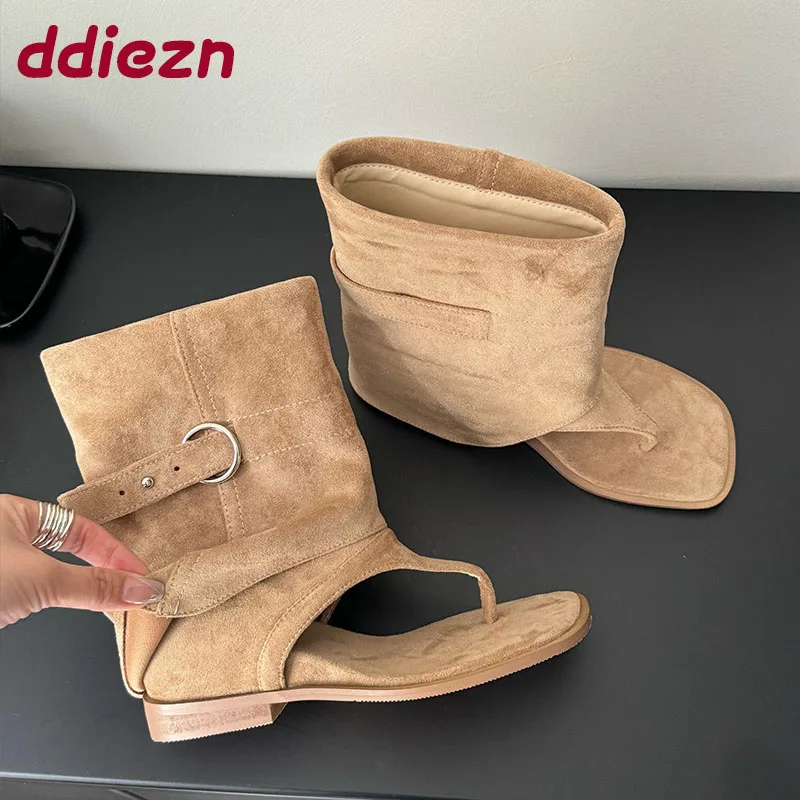 

Новинка 2025, модные женские ботильоны с открытым носком и увеличивающей рост, женские сандалии из флока, ботильоны, женские шлепанцы