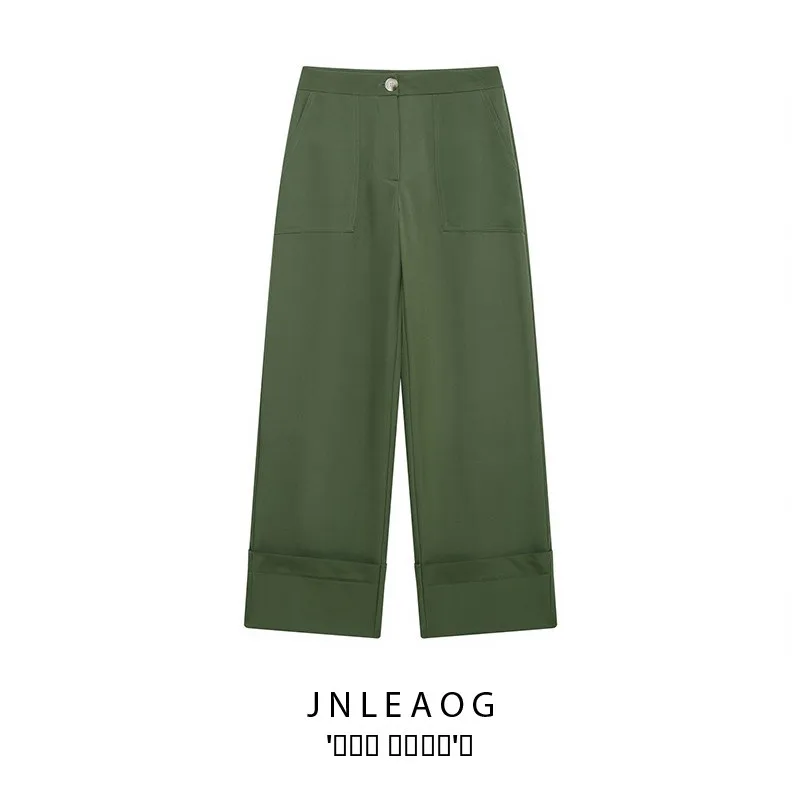 JNLEAOG Pantaloni lunghi con risvolto Faionable per donna Primavera New Sle Casual Loose Fit Fibra di poliestere l Cerniera in vita
