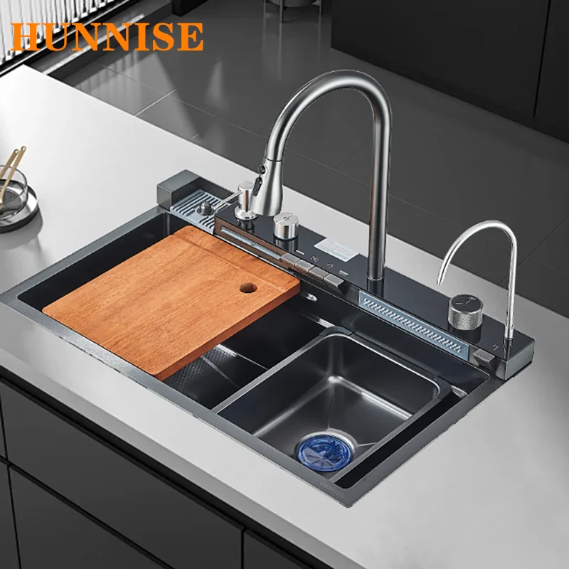 

Integrated Digital Kitchen Sinks 304 Stainless Steel Brushed Gold Single Slot Kitchen Sink Hot Cold Pull Out Waterfall Faucets