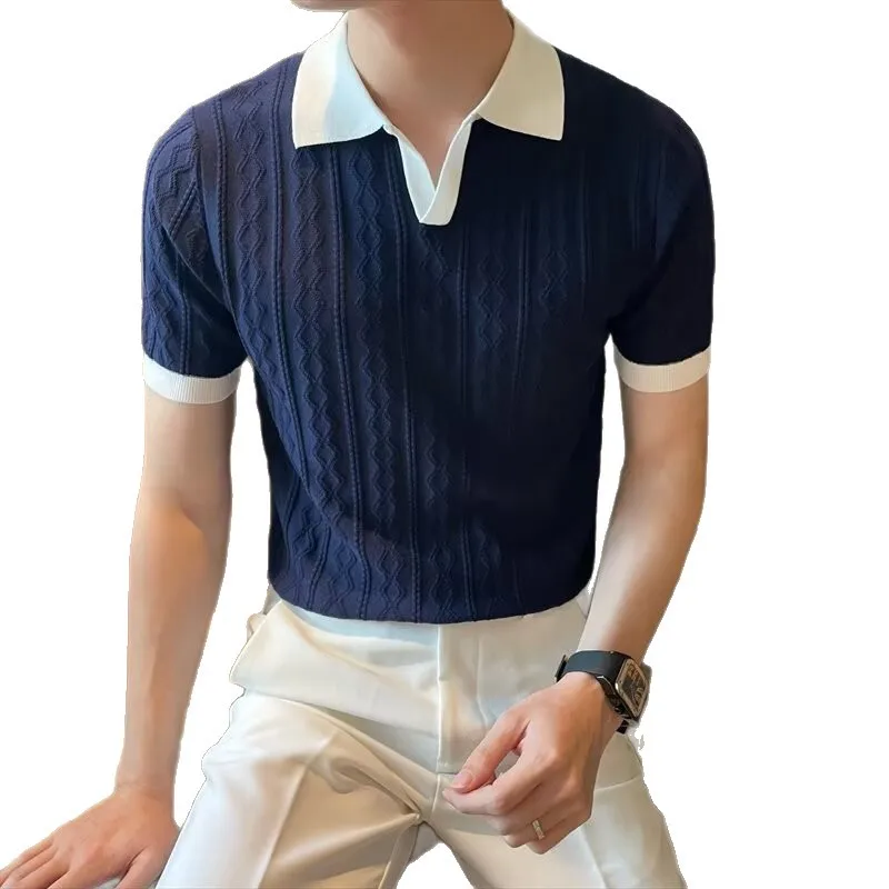 Summer Silk Breathable Jacquard Turn-Down Collar Short Sleeve Knitted Shirt Men Korean Version Trendy Versatile Casual-Shi