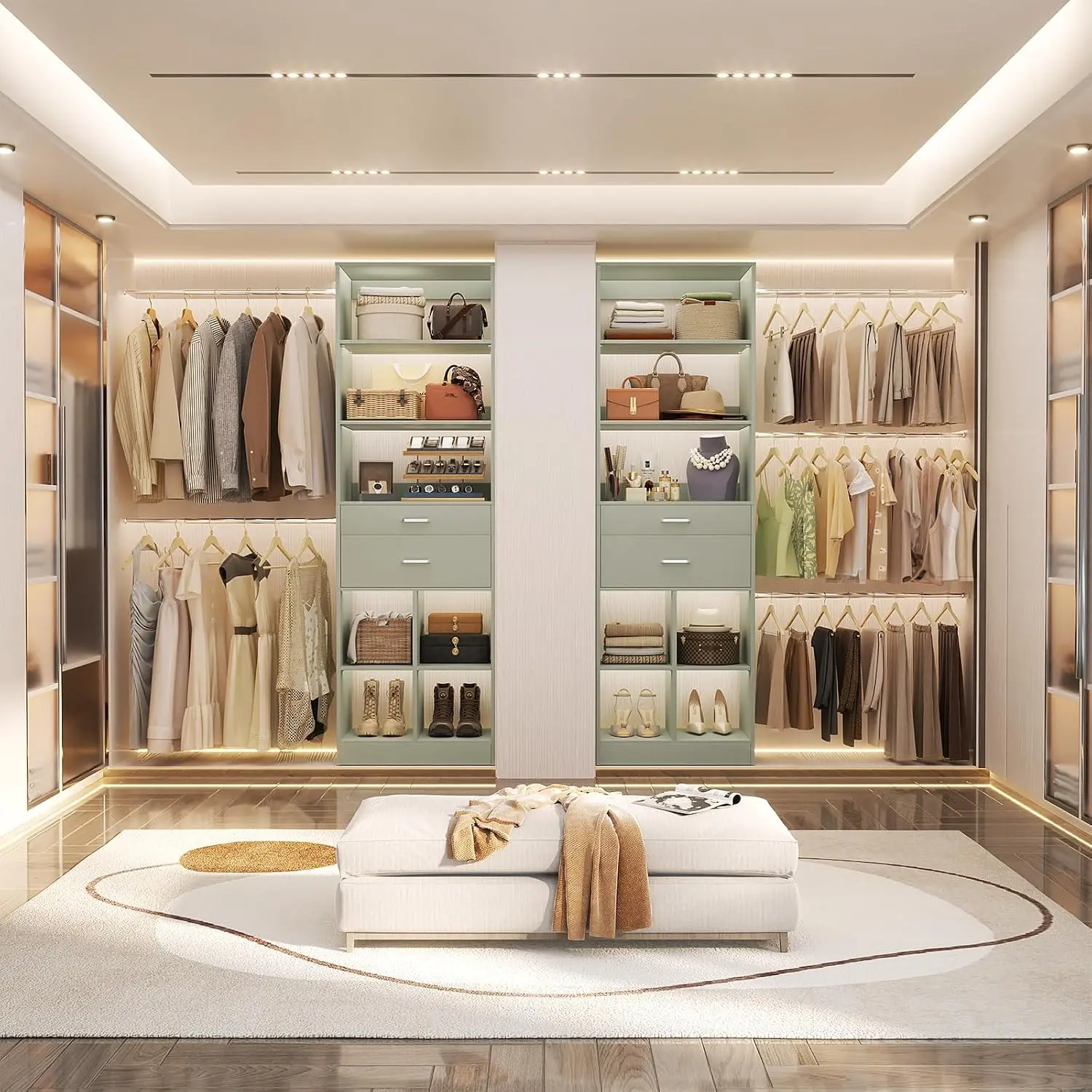 4-8 FT Closet Organizer with 2 Drawers & Shelves, 5 Hang Rods for 60-96 inch Walk-in, Built-in, Green, Customized