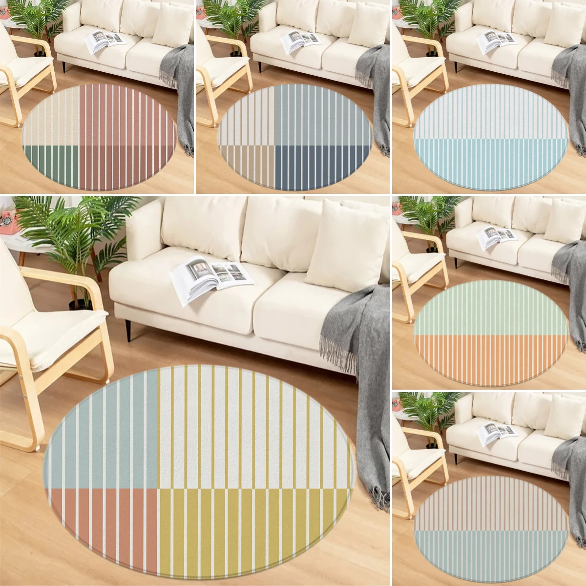 

Striped Round Floor Mat Colorful Modern European Creative Simple Fashion Carpet Rug Living Bedroom Game Room Decor Non-Slip Pad