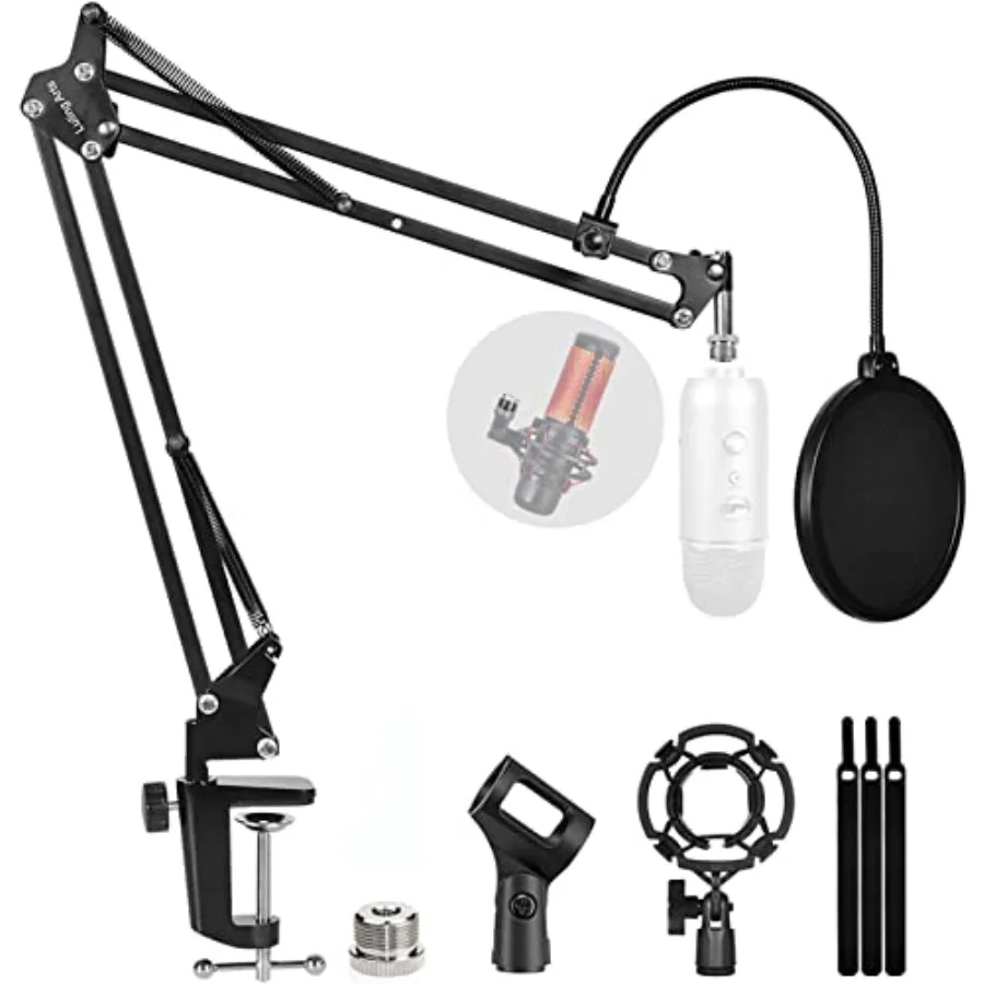 

Microphone Stand for Blue Yeti Quadcast Boom Arm Scissor Mic Stand with Windscreen and Double layered screen Pop Filter Heavy D