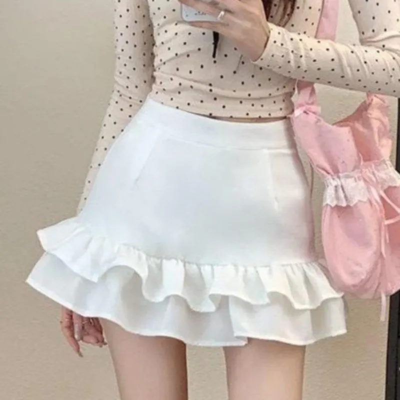 Y2k Ruffles Mini Skirt Sexy Solid Spring Early Autumn Vintage Woman Skirt Korean Fashion High Waist Slim Faldas Mujer
