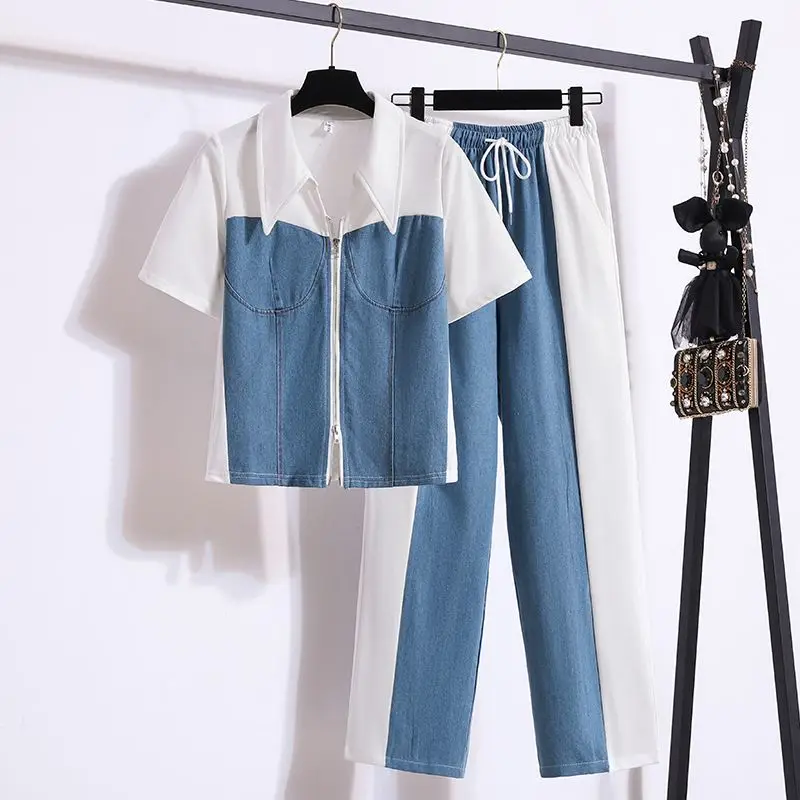 Summer Denim Splice Two-piece Set For Women Collar Jacket Tops And Wide Leg Pants Female Large Size Black White Gray Match Suits