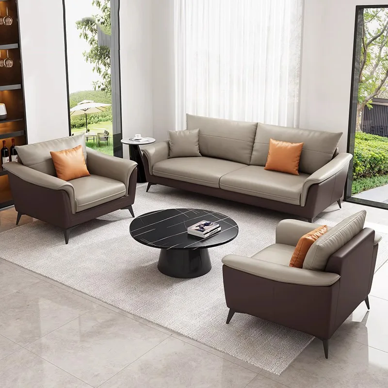 Modern Simple Leather Boss Reception Set for Office Front Desk Three-Person Coffee Table Foldable for Business Living Room