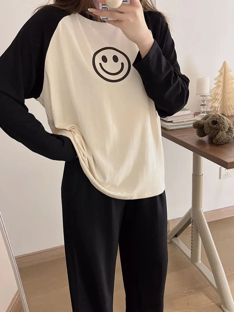 Women Spring Atutmn Pajamas Set Female Solid Long-sleeved Pant Home Clothing Simple Loose Casual Smile Facce Print Sleepwear XXL