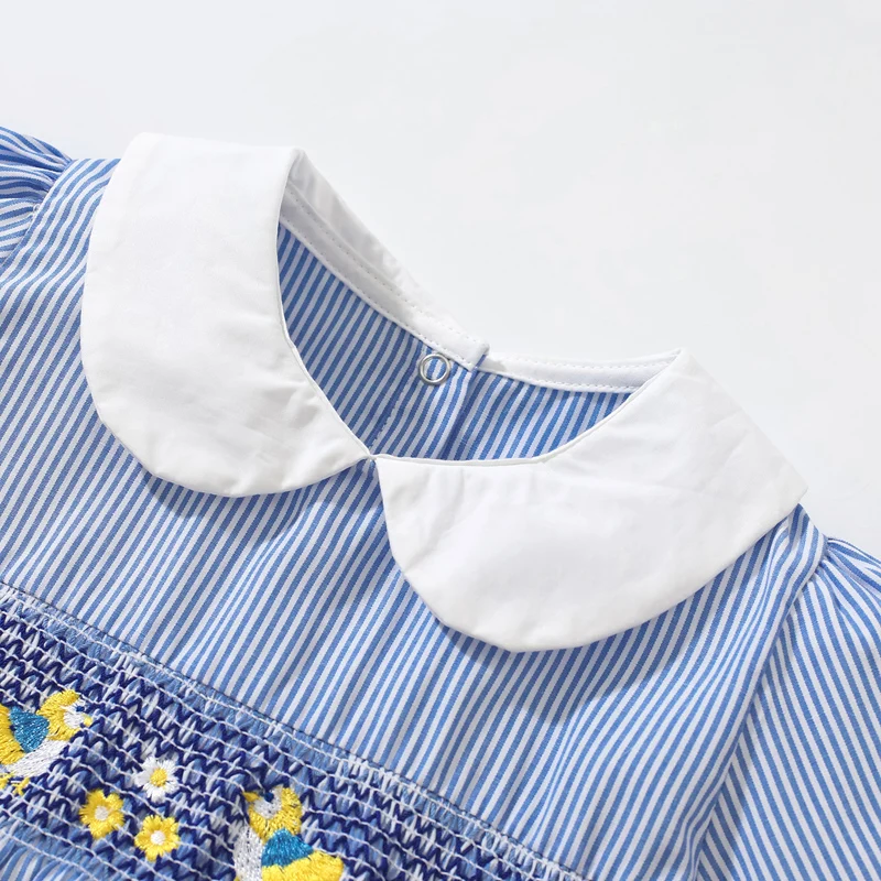 TUONXYE Baby Girl Striped Dress Collar Woven Fabric Embroidery Bird Floral Short Sleeve Back Button Toddler Girls Summer Dresses