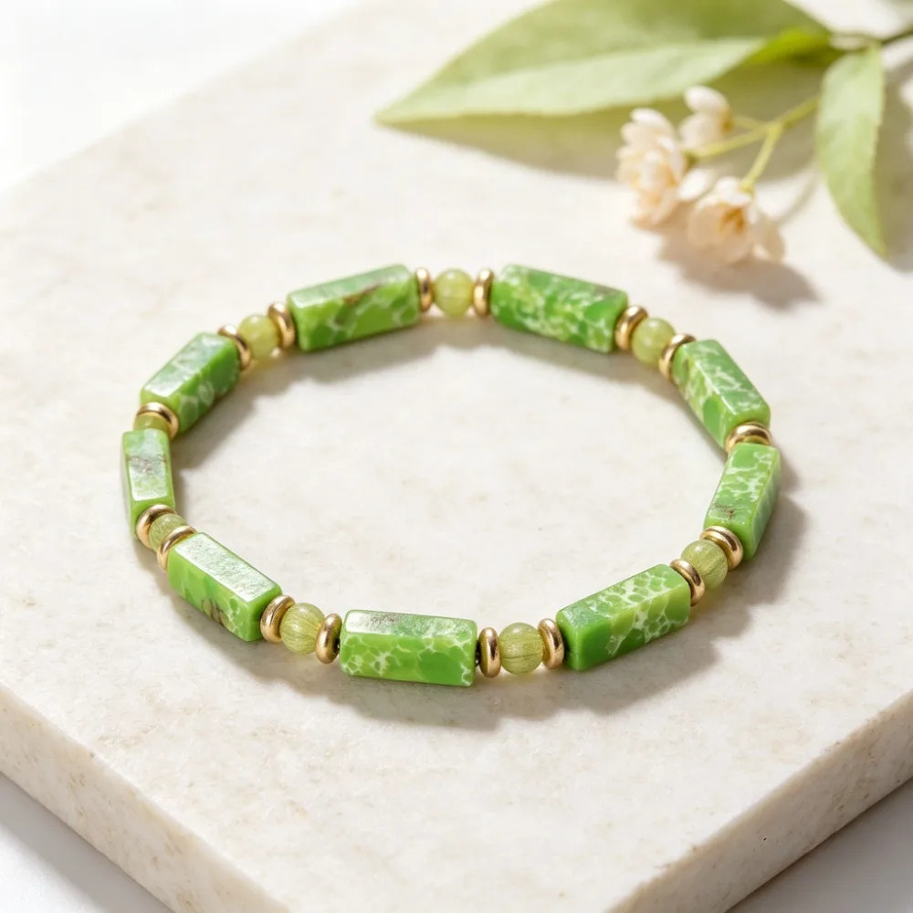 Green Imperial Jasper Beaded Bracelet April Birthstone Jewelry Suitable for Men&Women Boho Minimalist Stackable Rectangle Beads