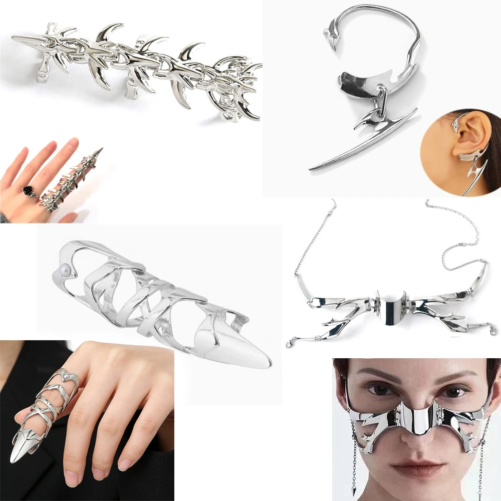 Fashion Gothic Metal Mask Cyberpunk Alien Irregular Ring Unisex Hip-hop Exaggerated Opening Rings Carnival Accessories