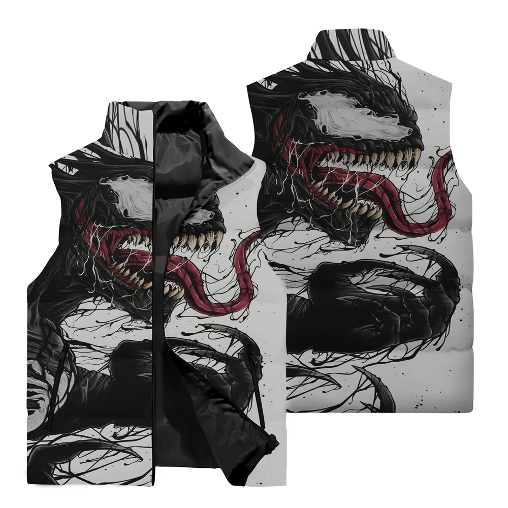 Men\'s 3D Marvel Venom Superhero Sleeveless Jacket Outdoor Leisure Sports Warm Coat Men\'s Casual Stand Collar Jacket Windbreaker