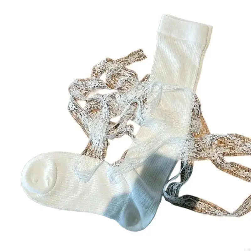 

195E Womens Sweet Lace Ribbon Bandage Over the Calf Socks Japanese JK Girl Princess Ribbed Cotton Middle Tube Long Stockings