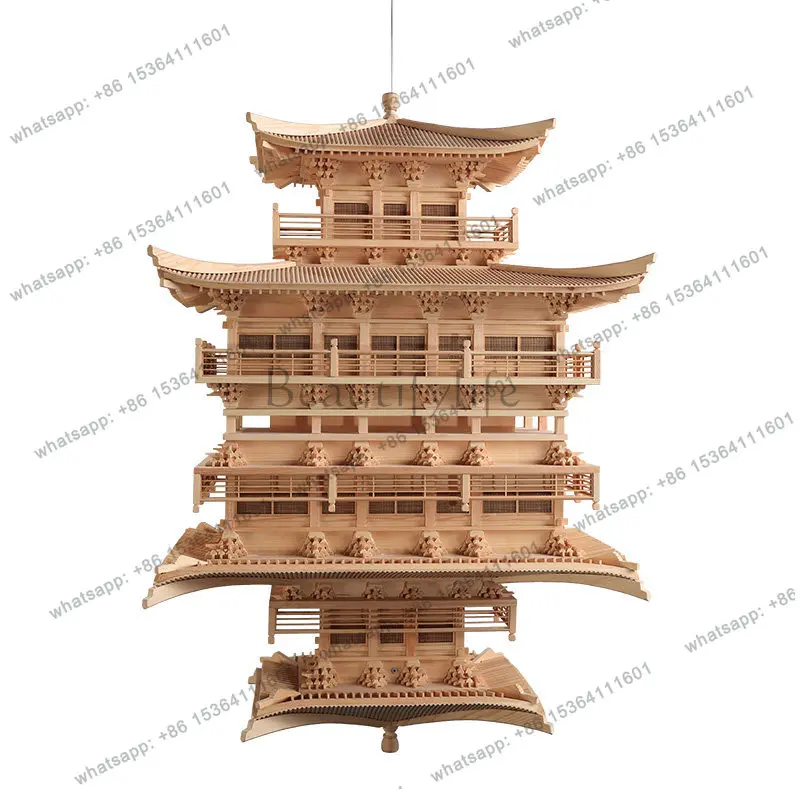 New Chinese Zen solid wood assembly ancient architectural model aerial pendant