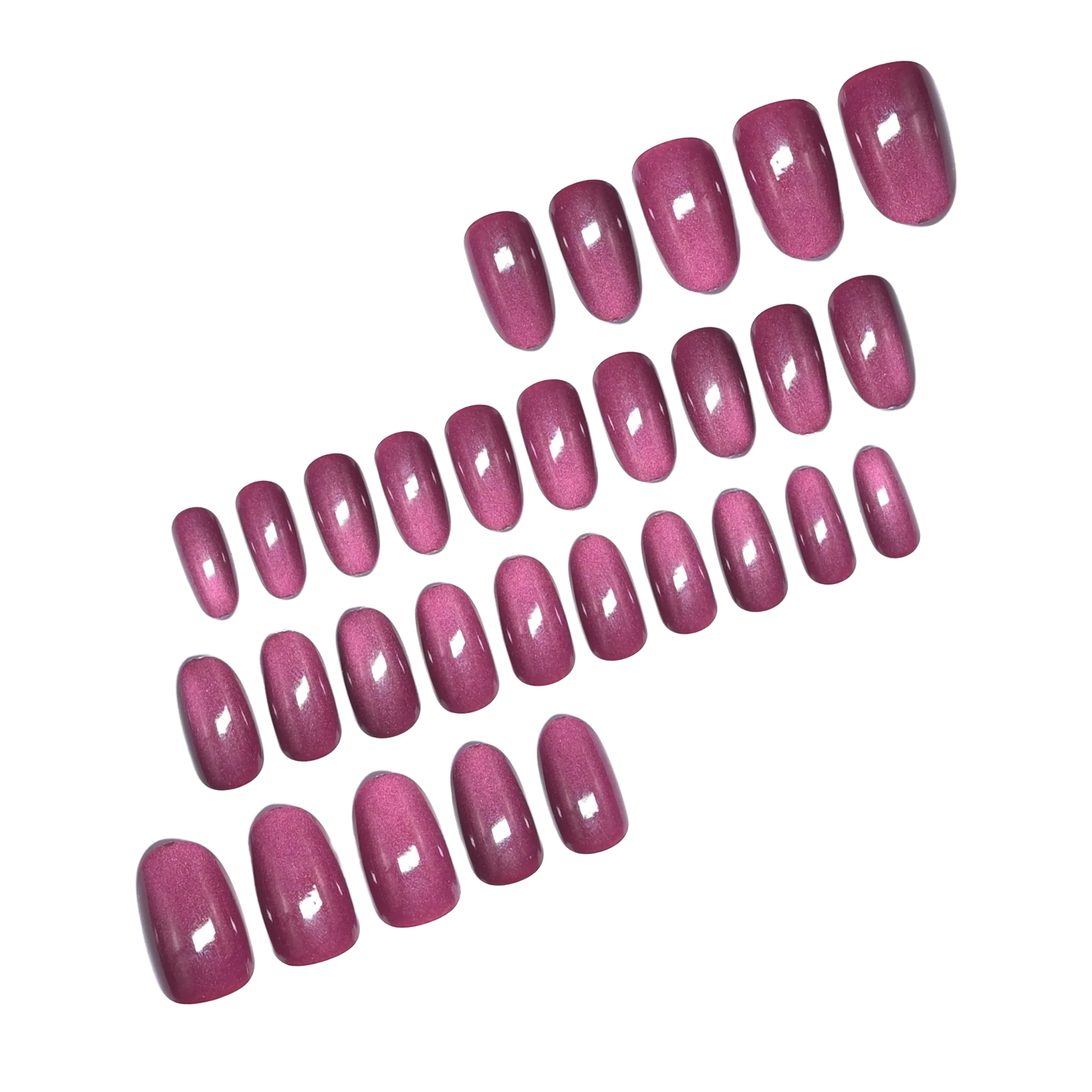 A complete set of 30 medium oval fake nails, designed with shiny burgundy cat eye solid color, including 1 jelly glue and 1 nail