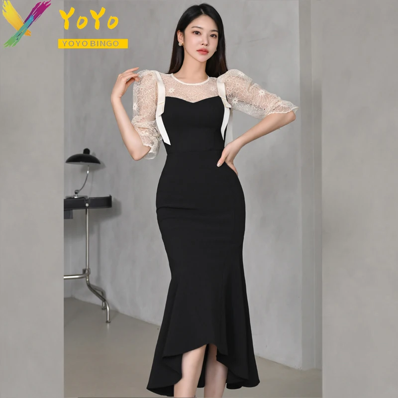 2024 New Korean Version Fashion Black Lace Stitching Bubble Half Sleeve Dress Slim Bodycon Mid length Fishtail Party Dress