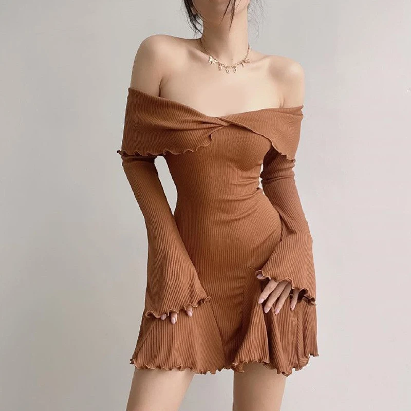 

Sexy Low-cut Off Shoulder Dress Elegant Flare Long Sleeve Twist Knot Mini Dress