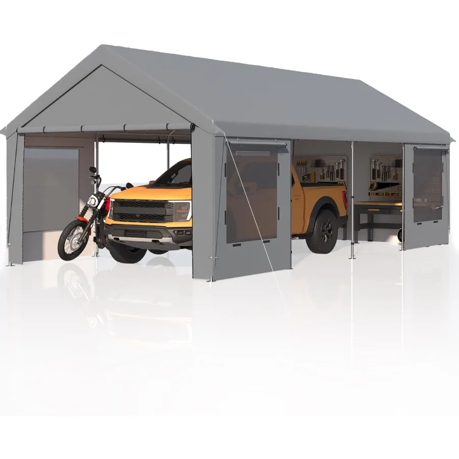 12' x 24' Heavy Duty Carport For All-Season Use, Steel Frame With UV Protection, Outer Gray And Inner White, Removable Sidewall