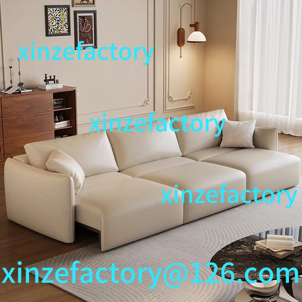 

Customizable Italian minimalist black straight row first layer cowhide sofa bed dual purpose