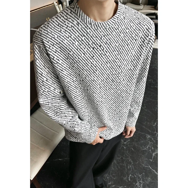 Men Crew Neck Long Sleeve Sweatshirt Diagonal Stripe Jacquard Fabric Loose Oversized Fit For Autumn Street Daily Outfit