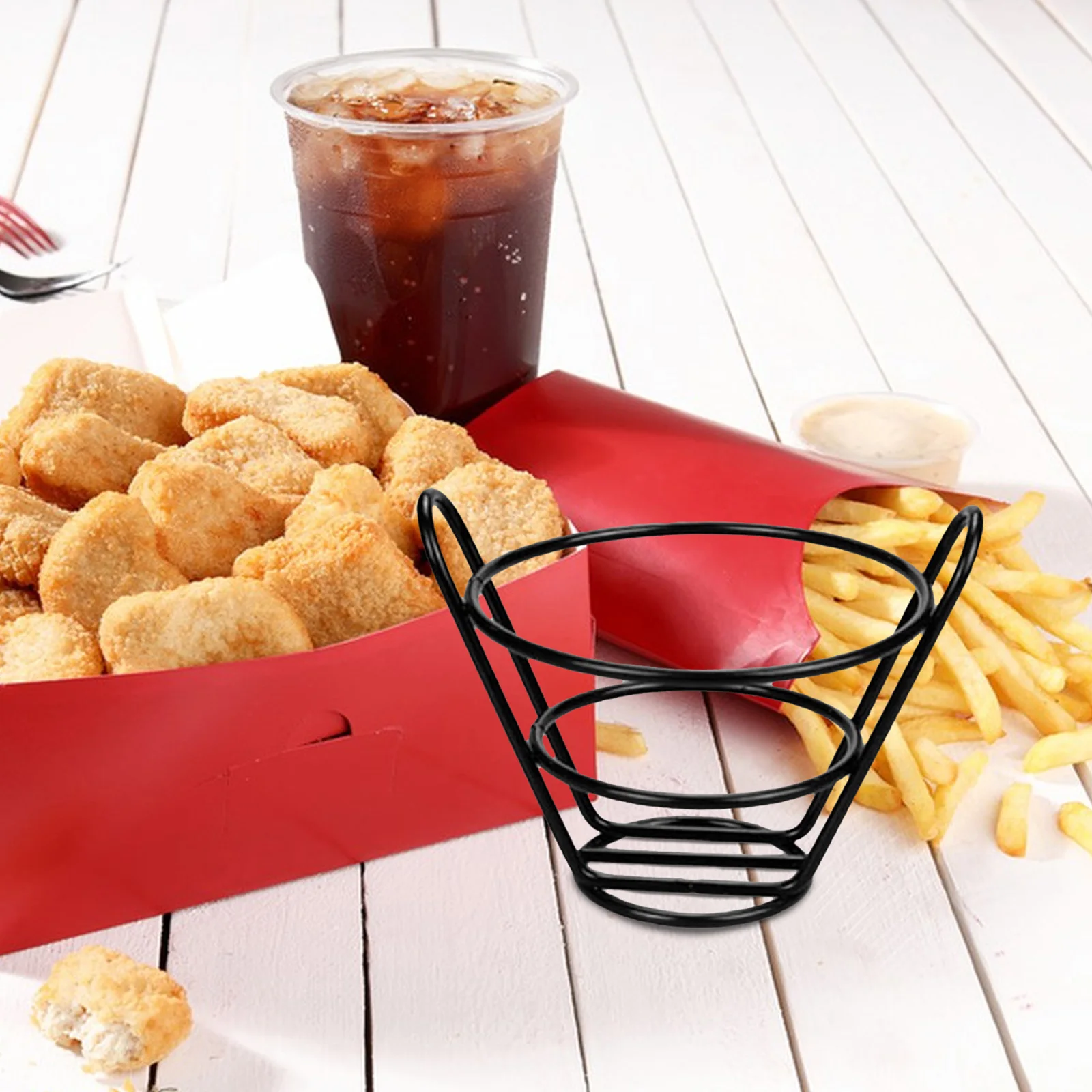 

1pc Stainless Steel French Fries Holder Black Compact Snack Stand For Appetizers Chicken Fingers Sticks Party