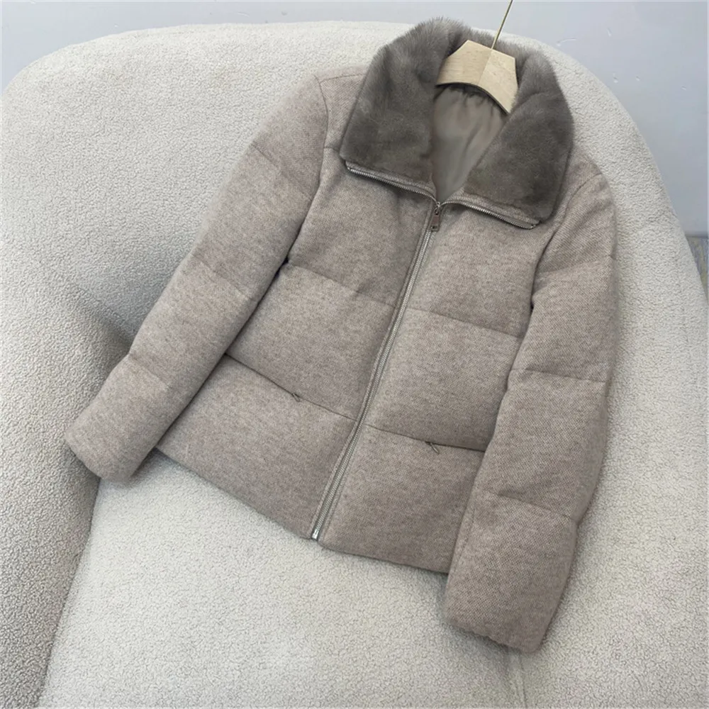 High Quality Women's Cashmere Wool Knitted Goose Down Jacket Winter Warm Mink Fur Collar Fur Coat