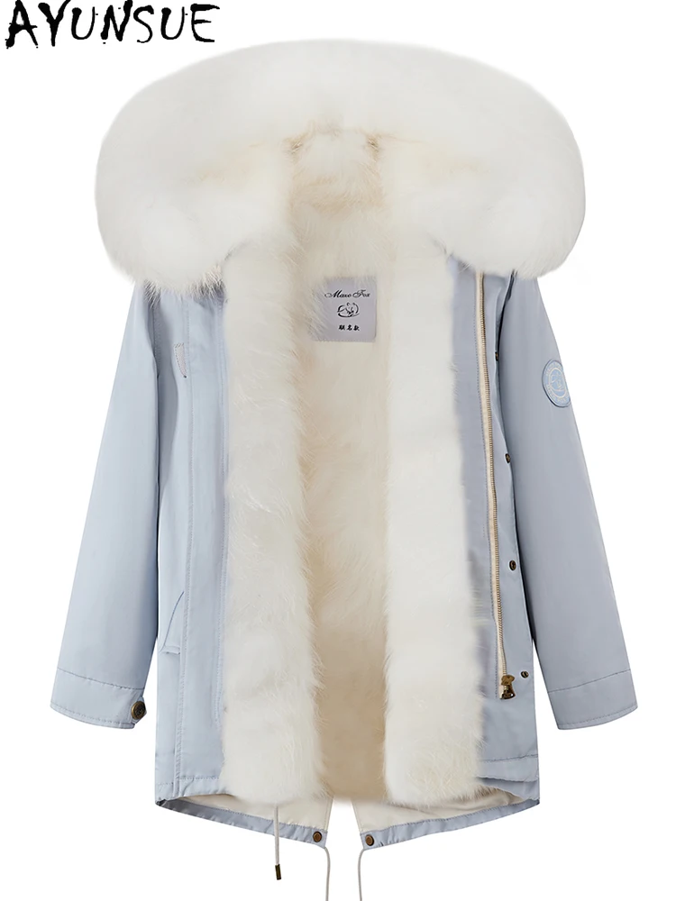 AYUNSUE 너구리 모피 파카 여성 2025 리얼 퍼 코트 겨울 의류 중간 길이 트렌치 코트 너구리 모피 칼라 여성용 코트