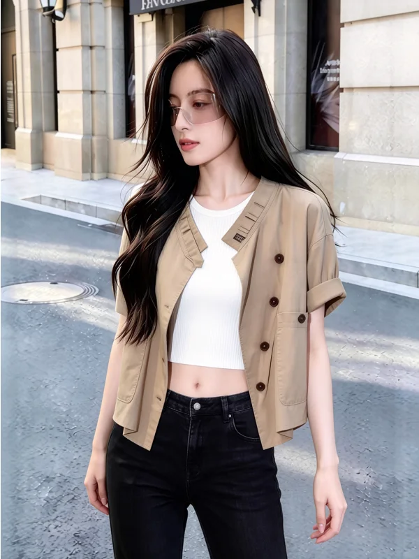 Summer Fashionable Short Sleeve Jacket Women's Casual Commute Khaki Color Slimming Popular French Style Loose Fit with Pleats
