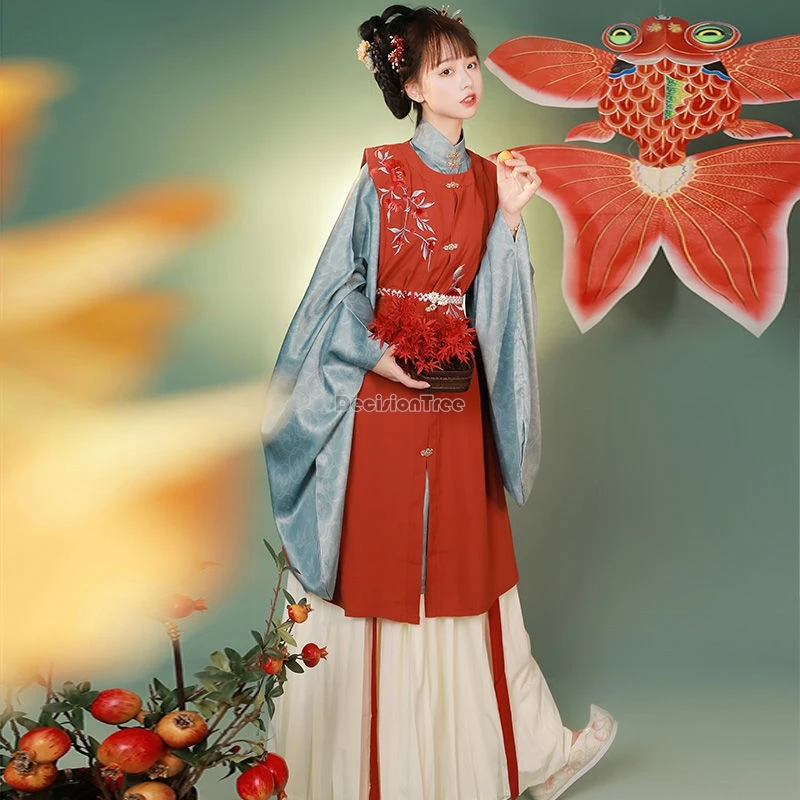 2025 chinese ancient ming dynasty style hanfu for women autumn and winter stand collar big sleeve blouse pleated skirt hanfu set