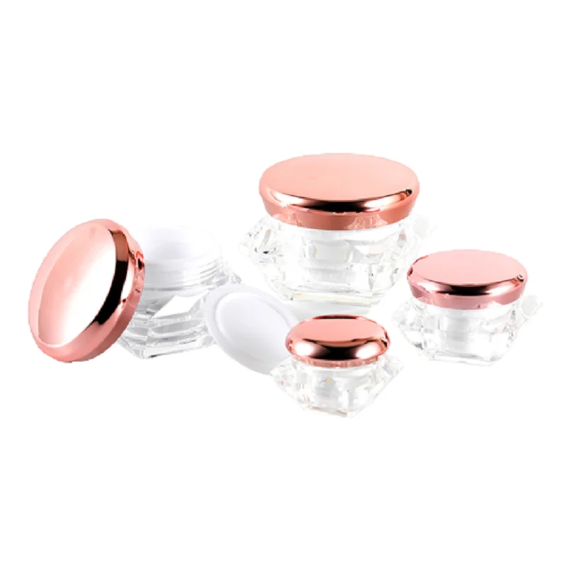 15pcs Portable Empty Clear Diamond Acrylic Facial Cream Jar Round Rose Gold Lid 5/10/15/20/30g Cosmetic Packaging Eye Cream Pots