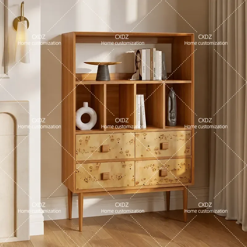 Medieval Style Solid Wood Small Bookcase Tree Rum Pattern Living Room Display Cabinet Creative Locker Retro Study Shelf