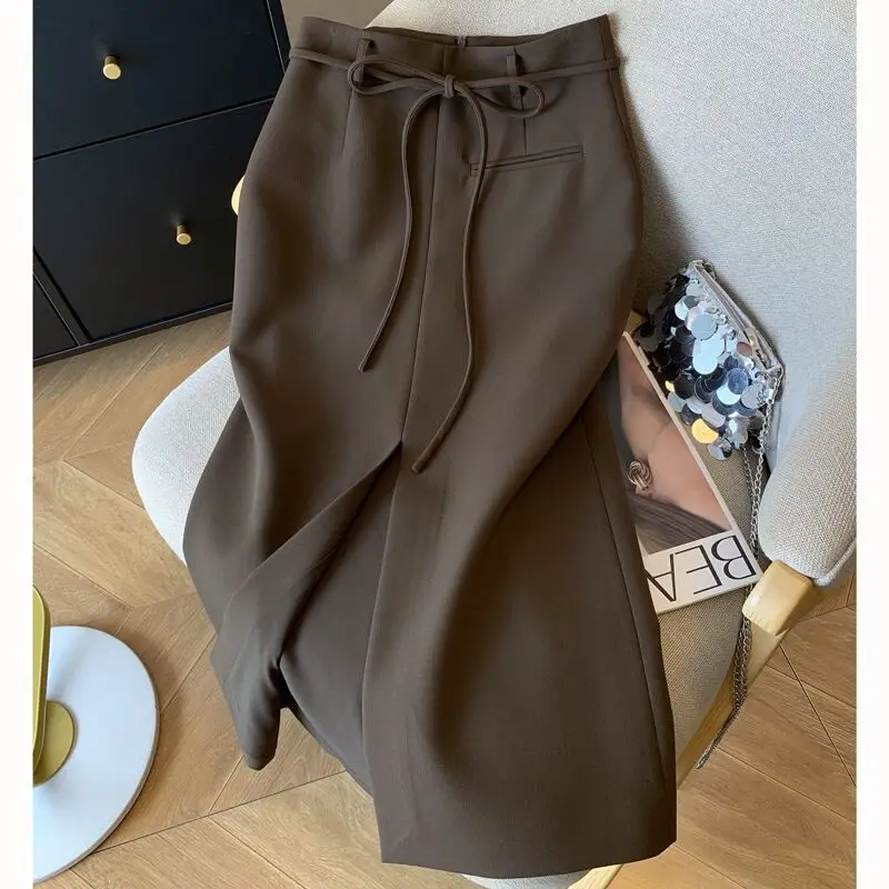 2025 Spring New Black Office Lady Lacing High Waist A-line Skirt Ladies Simplicity Elegant Slim High Waist Skirts Women Clothes