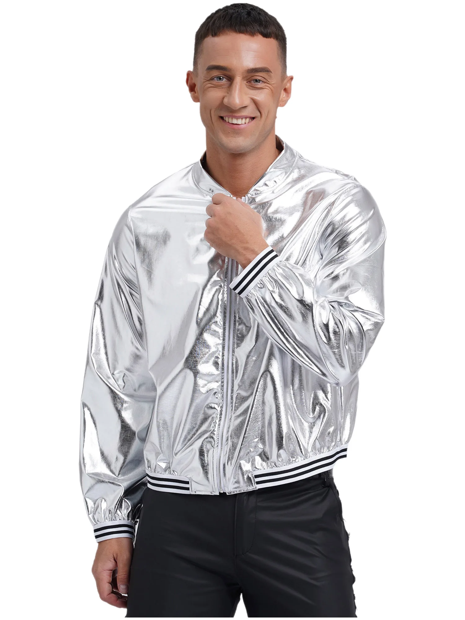 Mens Metallic Shiny Bomber Jacket Long Sleeve Zip Up Baseball Jackets Coat Rave Dance Party Festival Varsity Outerwear Clubwear