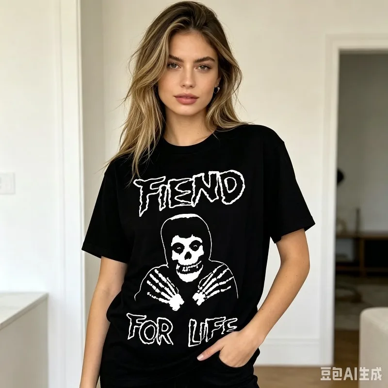 Vintage Fiend for Life Skull Graphic T-shirt Punk Rock Band Tees Hip Hop Streetwear Casual Tops Men and Women