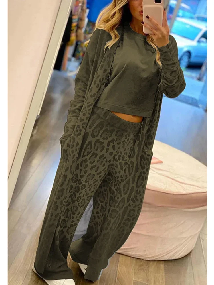 Spring Women\'s Long sleeved Casual Style Polyester Material 2024 New Fashion Leopard Pattern Cardigan Coat Long Pants Set