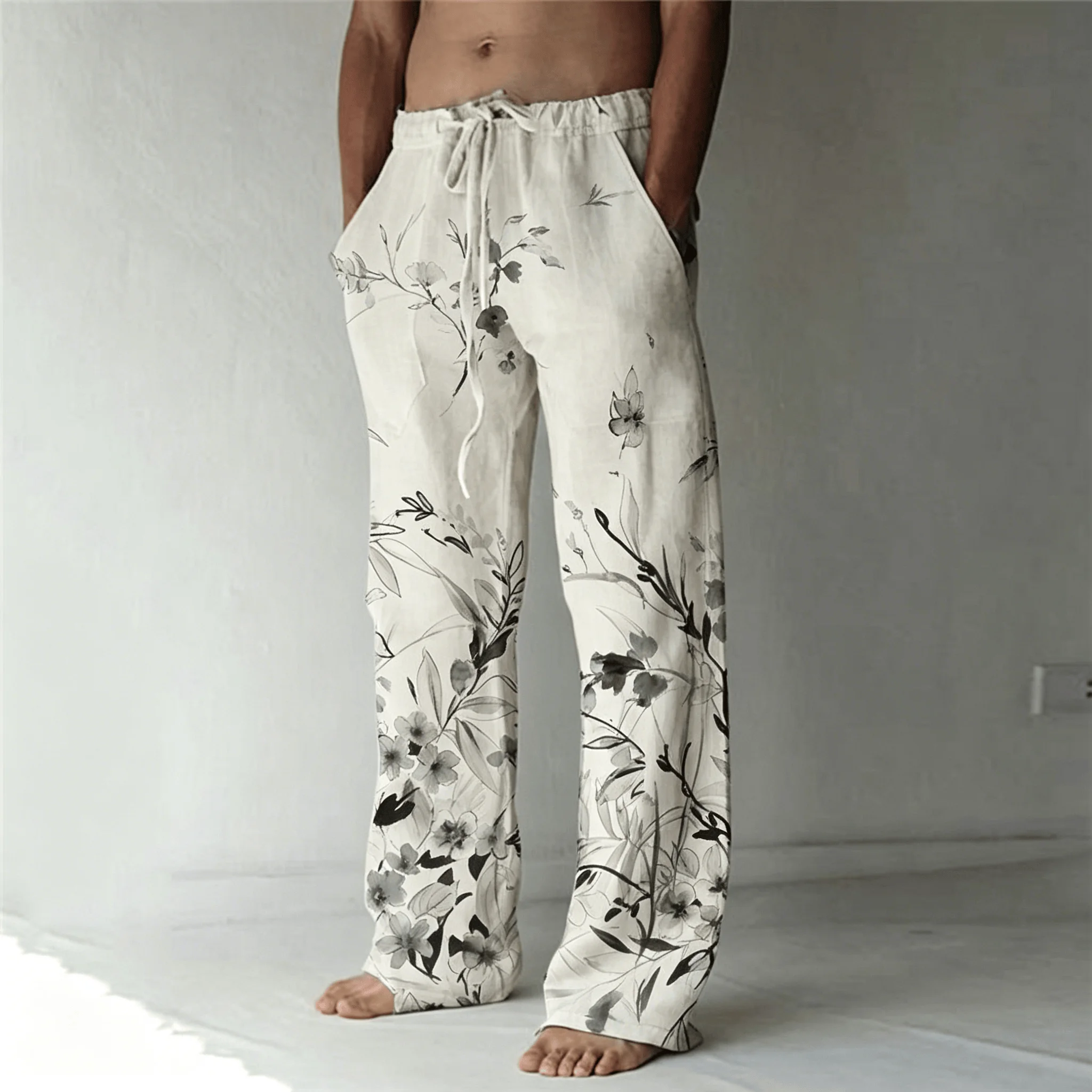 Herrenhose mit Tuschendruck-Palmblattmuster und Kordelzug, Vintage Botanische Gerade Hose für Frühling & Sommer – Detail 5