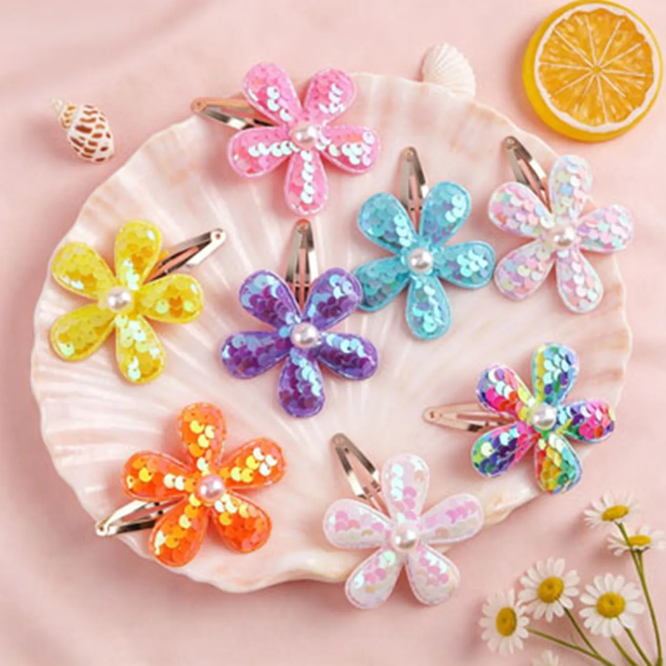 

8PCS Sequin Flower Hair Clips Pearl Decor Hair Barrettes Sweet Hair Accessories for Daily Vacation Party Holiday