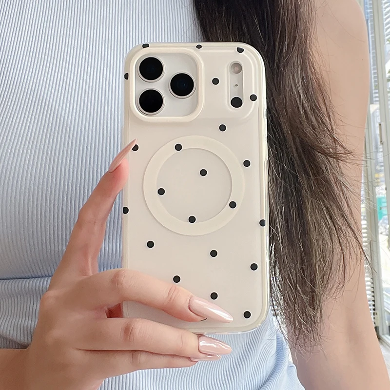 Modne etui na telefon z motywem w kropki, obsługujące bezprzewodowe ładowanie, kompatybilne z iPhone 18, 17, 16, 15, 14 Pro Max, z funkcją Magsafe, 2 w 1, tylna obudowa. — zdjęcie produktu 4