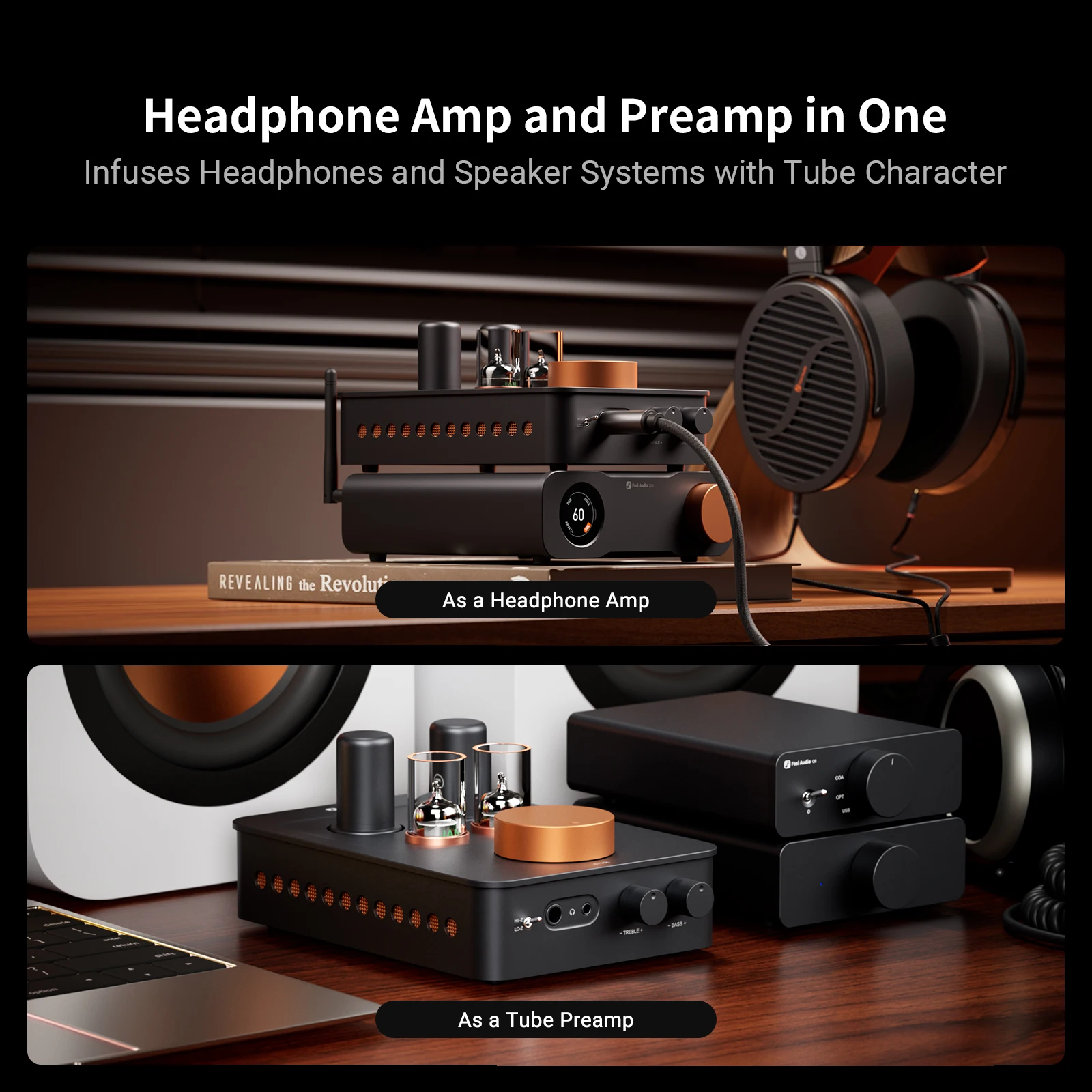 Fosi Audio GR70 真空管ヘッドホンアンプ プリアンプ クラスA 真空管アンプ 5654W×2 & 6Ж4×2 3.5mm & 6.35mmジャック搭載