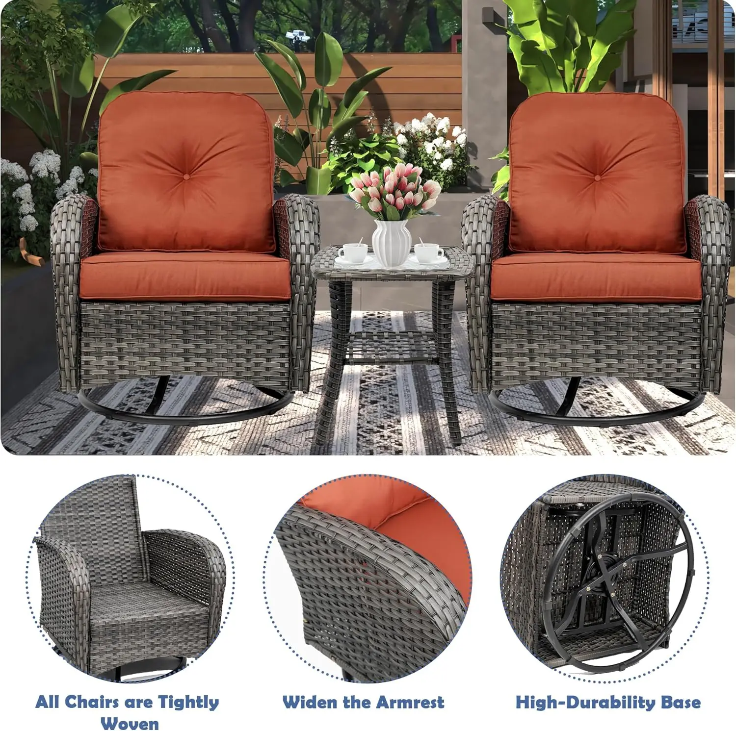 طقم هزاز دوار مكون من 3 قطع مع وسائد، خارجي 360 درجة °   كراسي هزازة وطاولة زجاجية، حديقة بيسترو