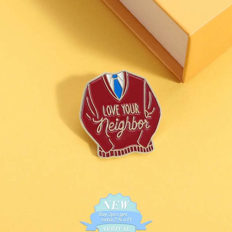 Mr. Rogers Red Sweater Enamel Pins Love Your Neighbor Brooches Backpack Lapel Badge Warm Theme Jewelry Gift For Kid Friends ﻿