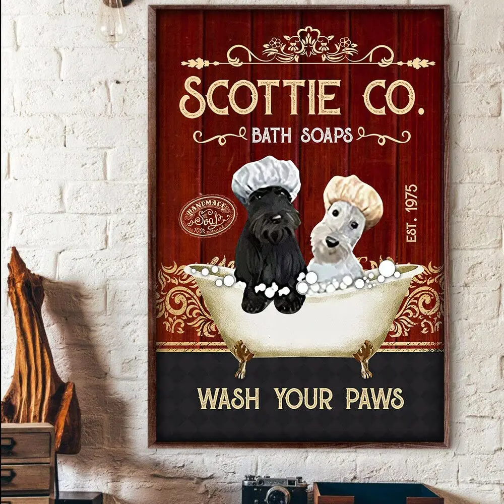 Vintage Metal Tin Sign Scottie Co Bath Soaps Wash Your Paws Dog Toilet Poster Tin Sign Poster Vintage Metal Signs for Bar Music