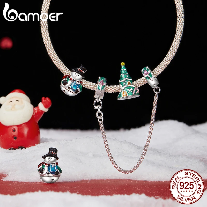 BAMOER 925 Sterling Silver Xmas Tree House Charm Bead fit Original Bracelet DIY Bamoer Charm for Jewelry Making Christmas Gift