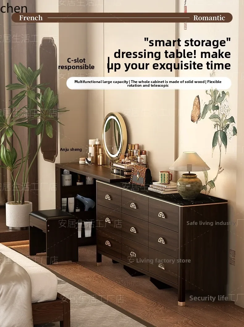 H5.25 solid wood dresser master bedroom retractable makeup table rock slab chest integrated rotating desk
