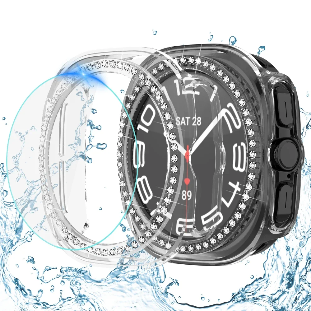 Diamond Case+Glass for Samsung Galaxy Watch 7 Ultra 47mm Bling PC Bumper Cover Screen Protector Film for Galaxy Watch 7Ultra