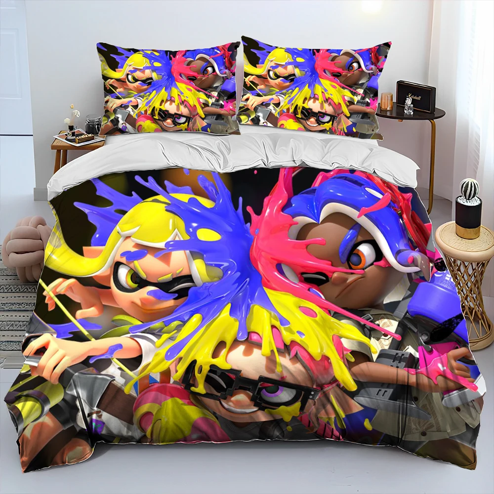 

S-Splatoon,Game Gamer Cartoon Comforter Bedding Set,Duvet Cover Bed Set Quilt Cover Pillowcase,King Queen Size Bedding Set Kids