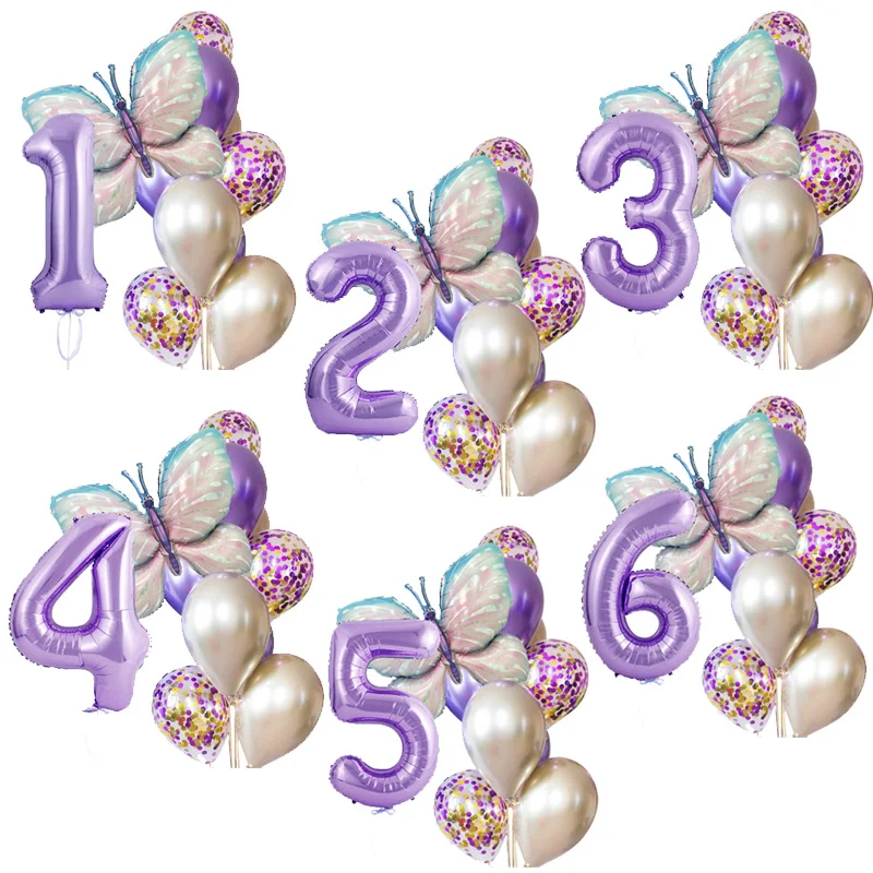 11pcs Purple Butterfly Helium Balloons 40Inch 123 Number Ballons Fairy Globos Happy Birthday Party Decorations   Kids Baby Showe