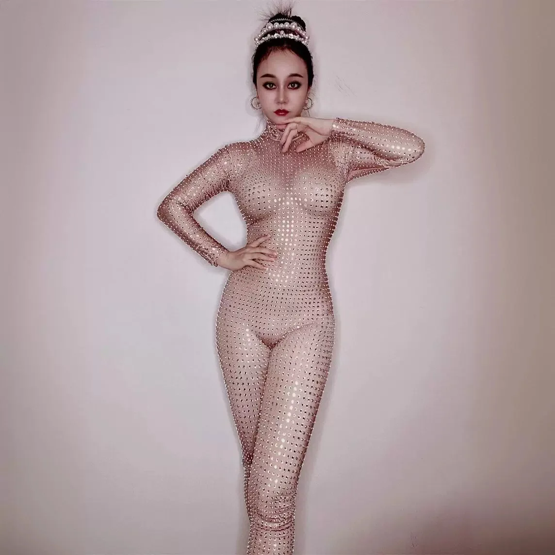 

New nightclub party performance sexy bright rhinestone elastic slim jumpsuit stage performance suit pdk