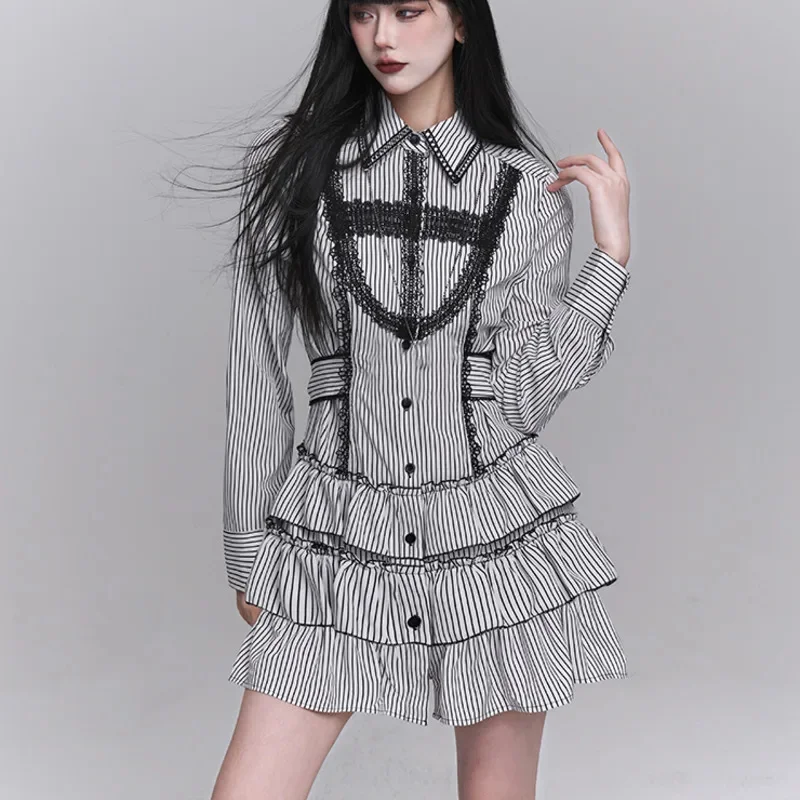Fashion Gothic Y2K Ghost Dresses Gothic Striped Shirt Dress Long Sleeves Halloween Outfit Kawaii Lolita A-line Dress Girls New