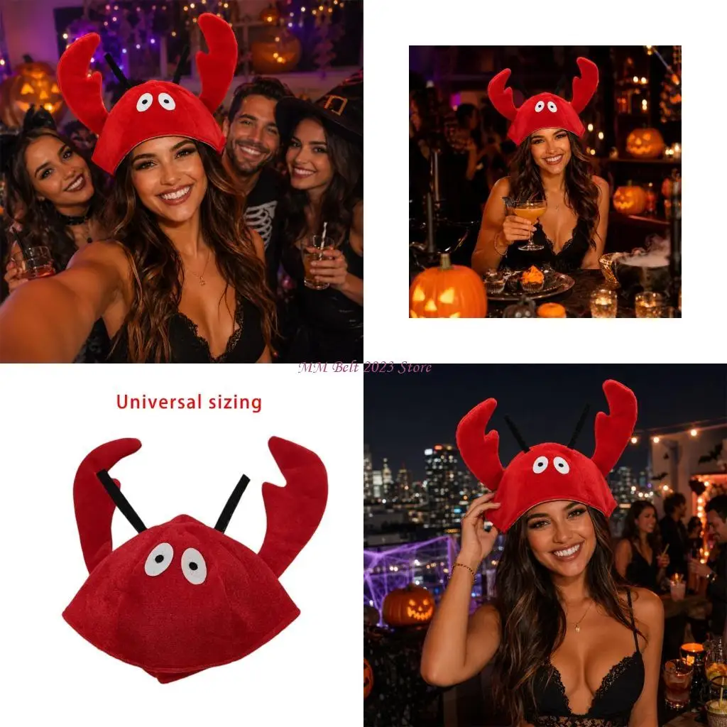49ME Red Plush Costume Cap with Claw for Halloween Parties, Size Lobsters Hat for Group Pictures