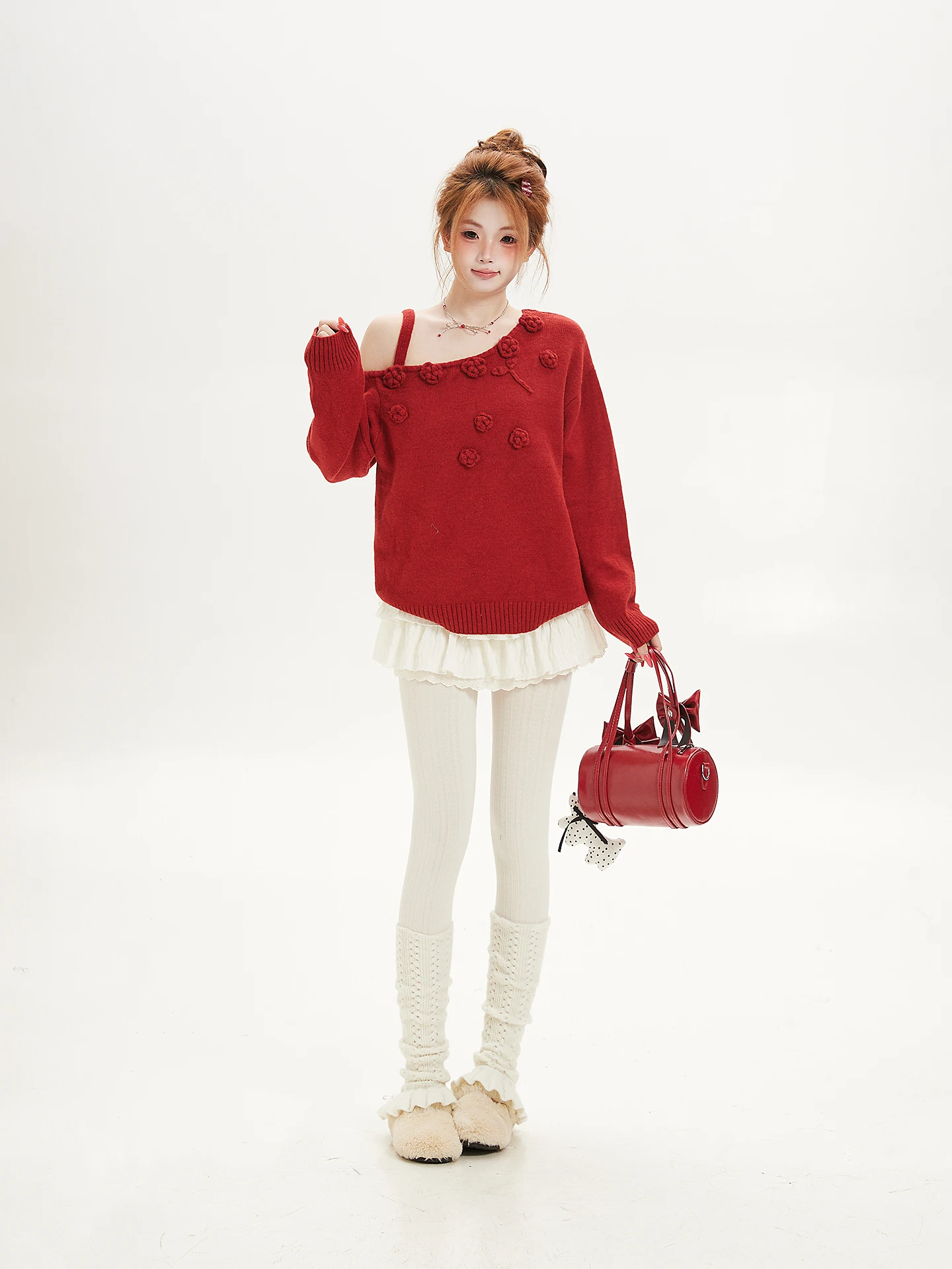 Sweet Girl Style Sweater Ant Design Shoulder off Shoulder Knitted Red Flower 3D Spring Autumn Winter Women's Loose Fit Long S...